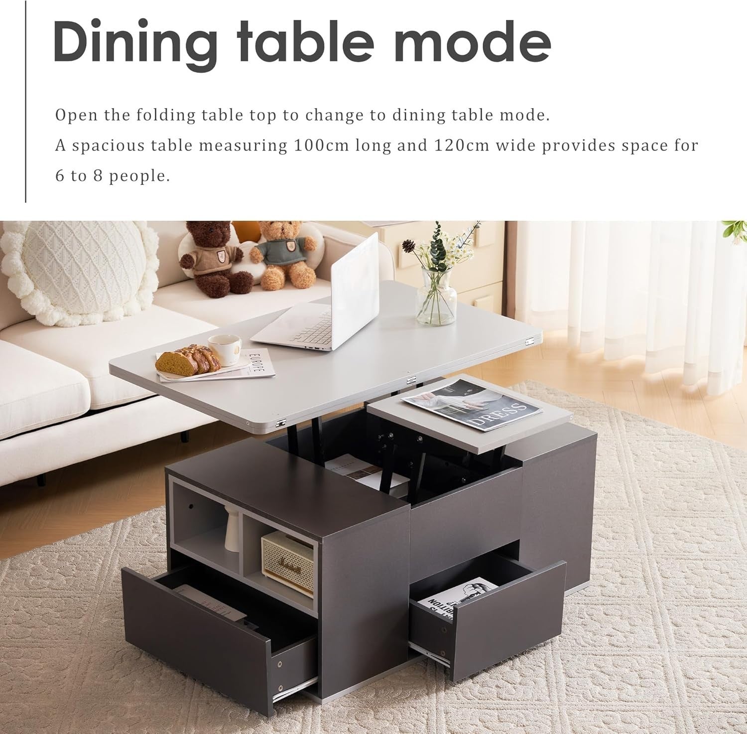 Lift-Top Coffee Table with 3 Drawers & Storage, Grey 100x51x47cm
