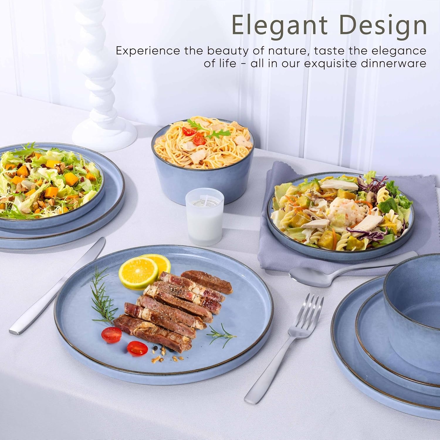 12pc Stoneware Dinner Set Blue Plates Bowls Dishwasher Microwave Safe