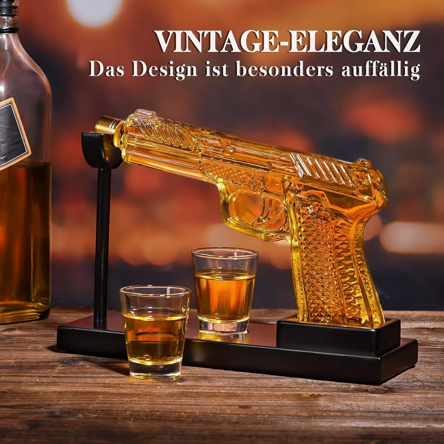 Golden Pistol Whiskey Decanter Set with Shot Glasses 265ml Mens Gift Bar Decor