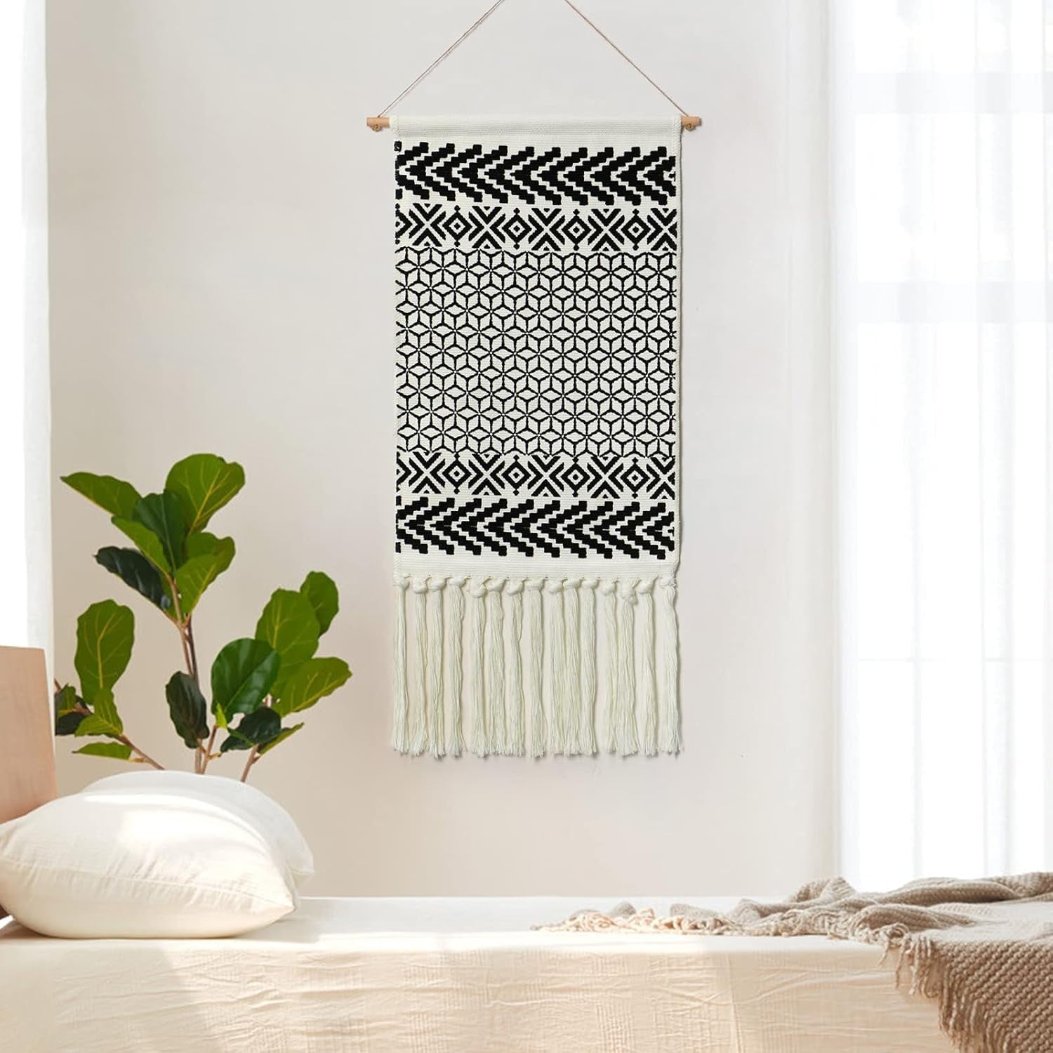 Boho Macrame Wall Hanging Black White Geometric Tapestry Decor