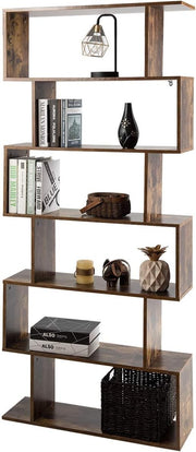 S Shaped 6 Tier Wooden Bookcase Freestanding Display Storage Shelf Rustic Brown
