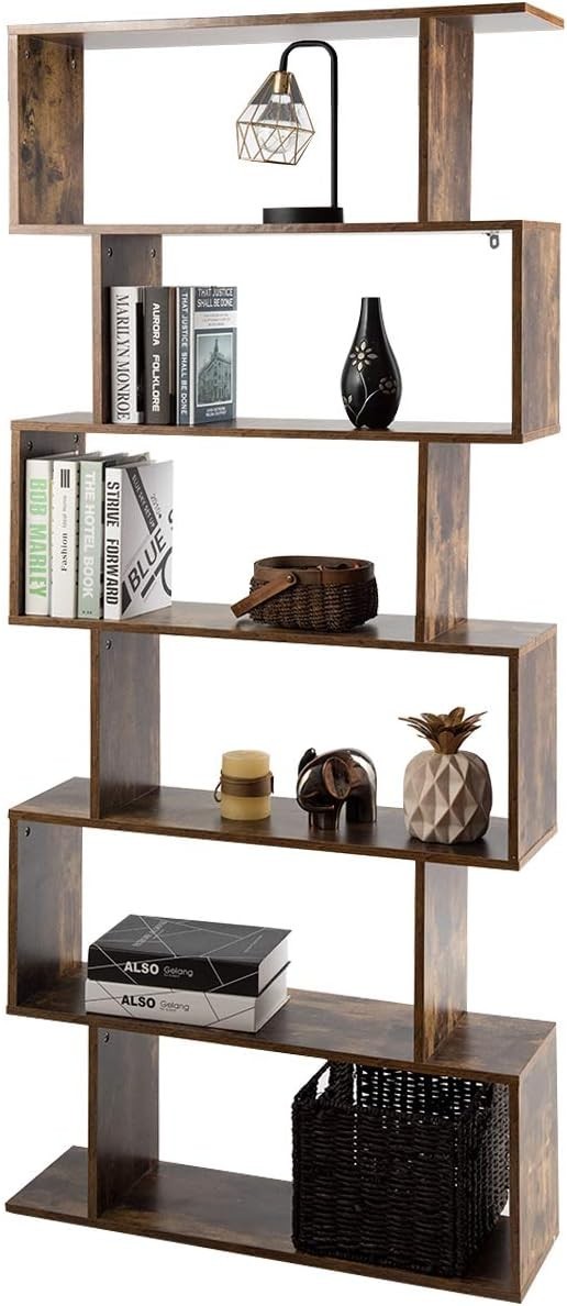 S Shaped 6 Tier Wooden Bookcase Freestanding Display Storage Shelf Rustic Brown