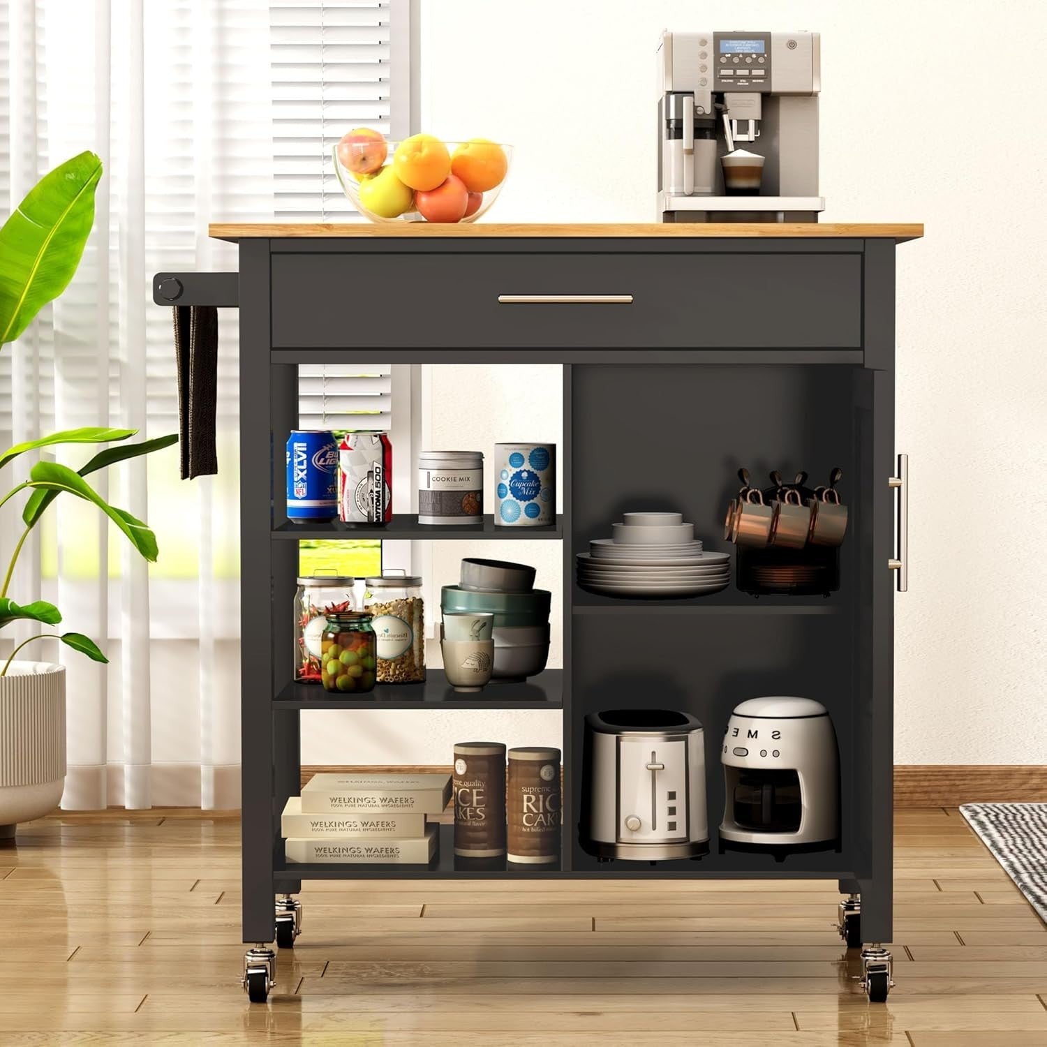 3-Tier Rolling Kitchen Island Cart with Drawer, Cabinet & Towel Rack, Black