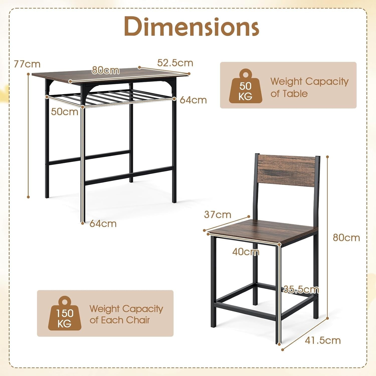 Dining Table Set Storage Rack & 2 Stools, Rustic Brown Space Saving Kitchen Set