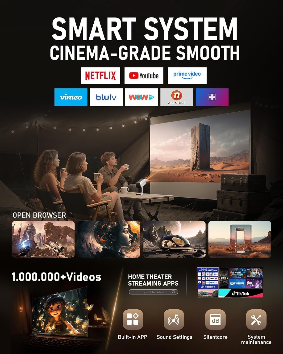 1000ANSI 1080P Smart Projector Netflix WiFi6 Dolby Auto Focus