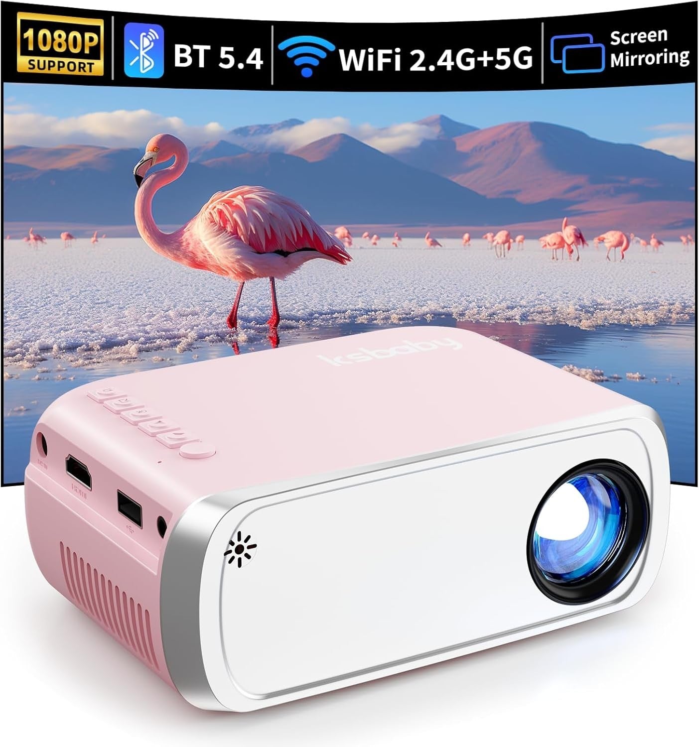 Mini Projector 1080P Portable HDMI USB Phone Pink Outdoor