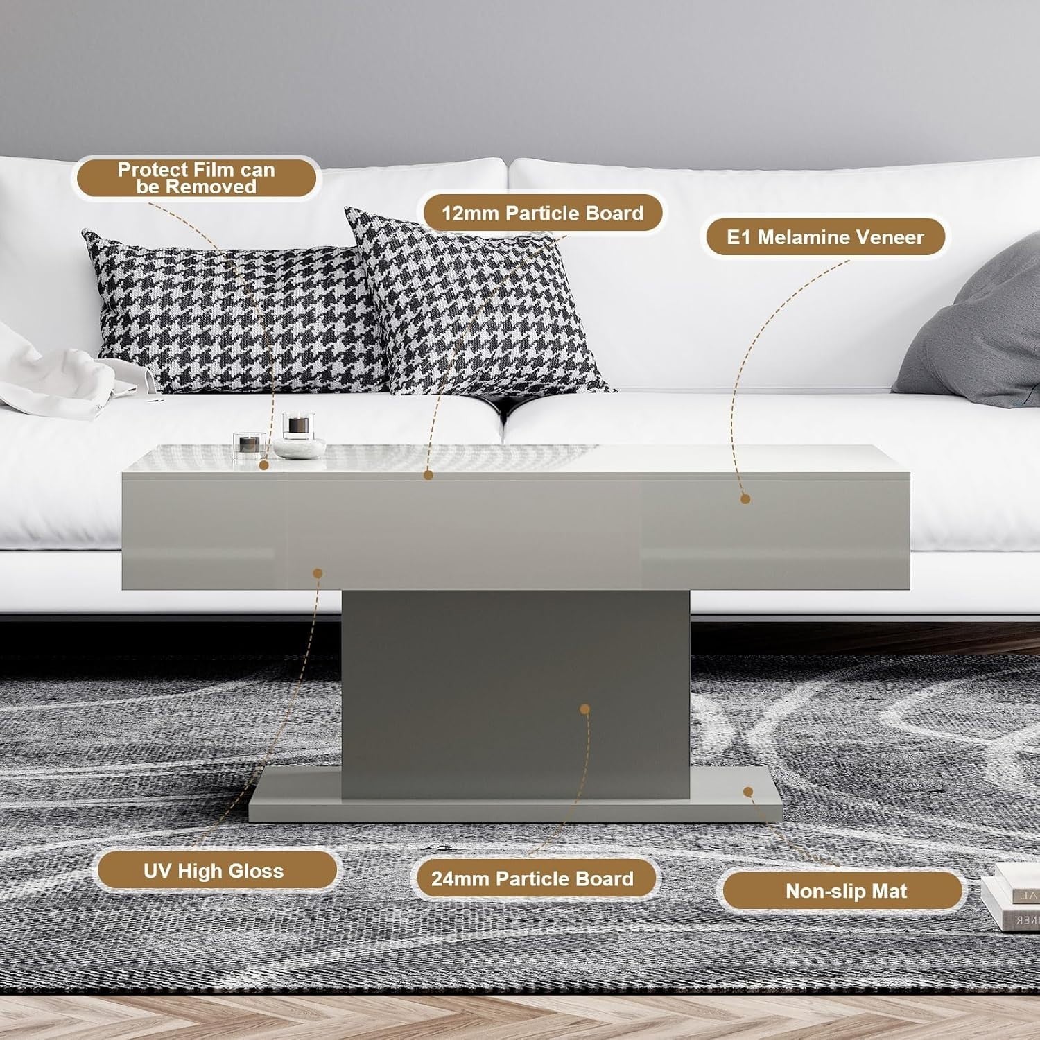Modern Grey LED Coffee Table, High Gloss Rectangular 110x55cm