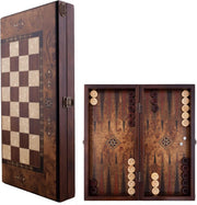 16” Wooden Backgammon Set Luxury Burl Finish Foldable Board Game