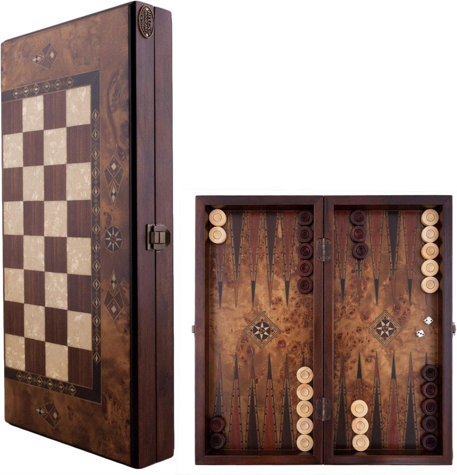 16” Wooden Backgammon Set Luxury Burl Finish Foldable Board Game