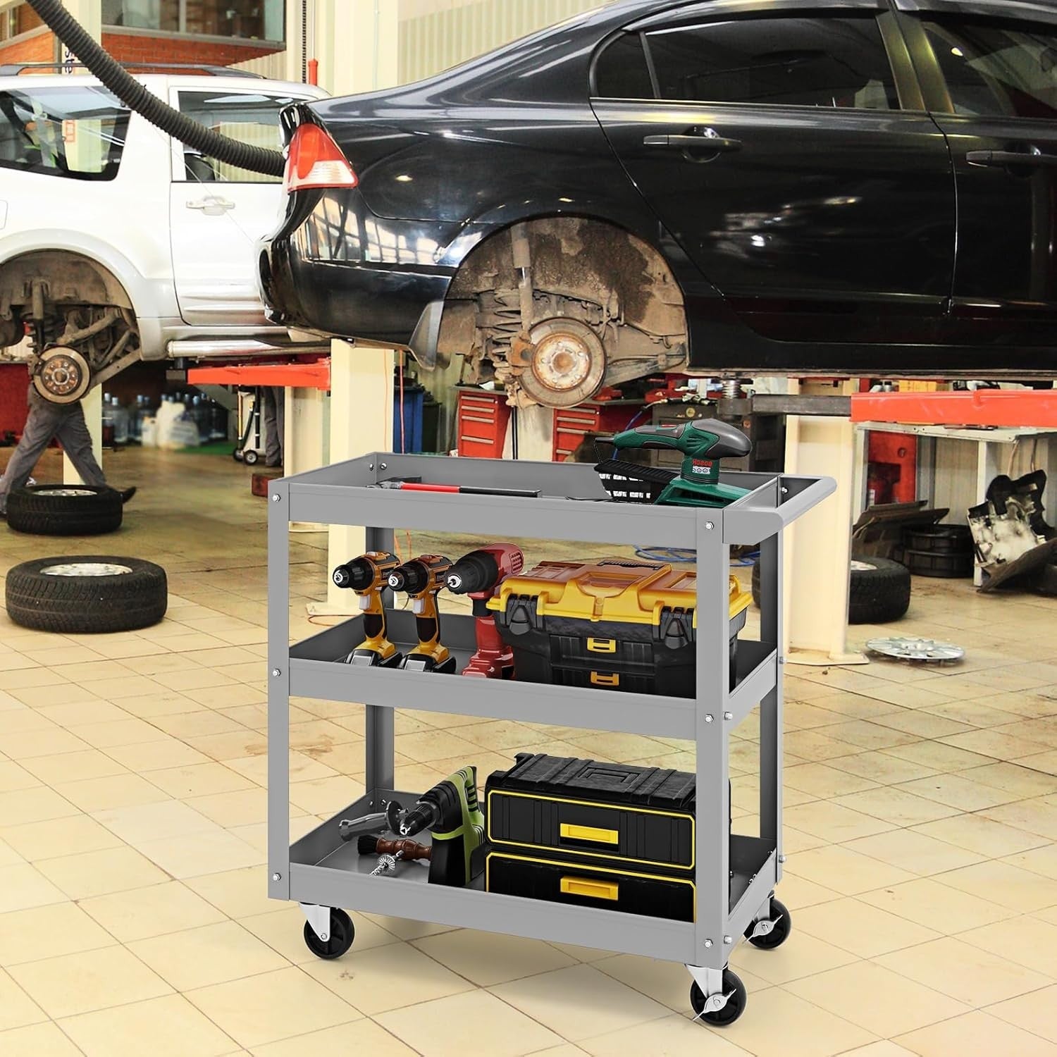 Heavy Duty Grey 3-Tier Rolling Utility Cart w/ Lockable Wheels 38x79x76cm