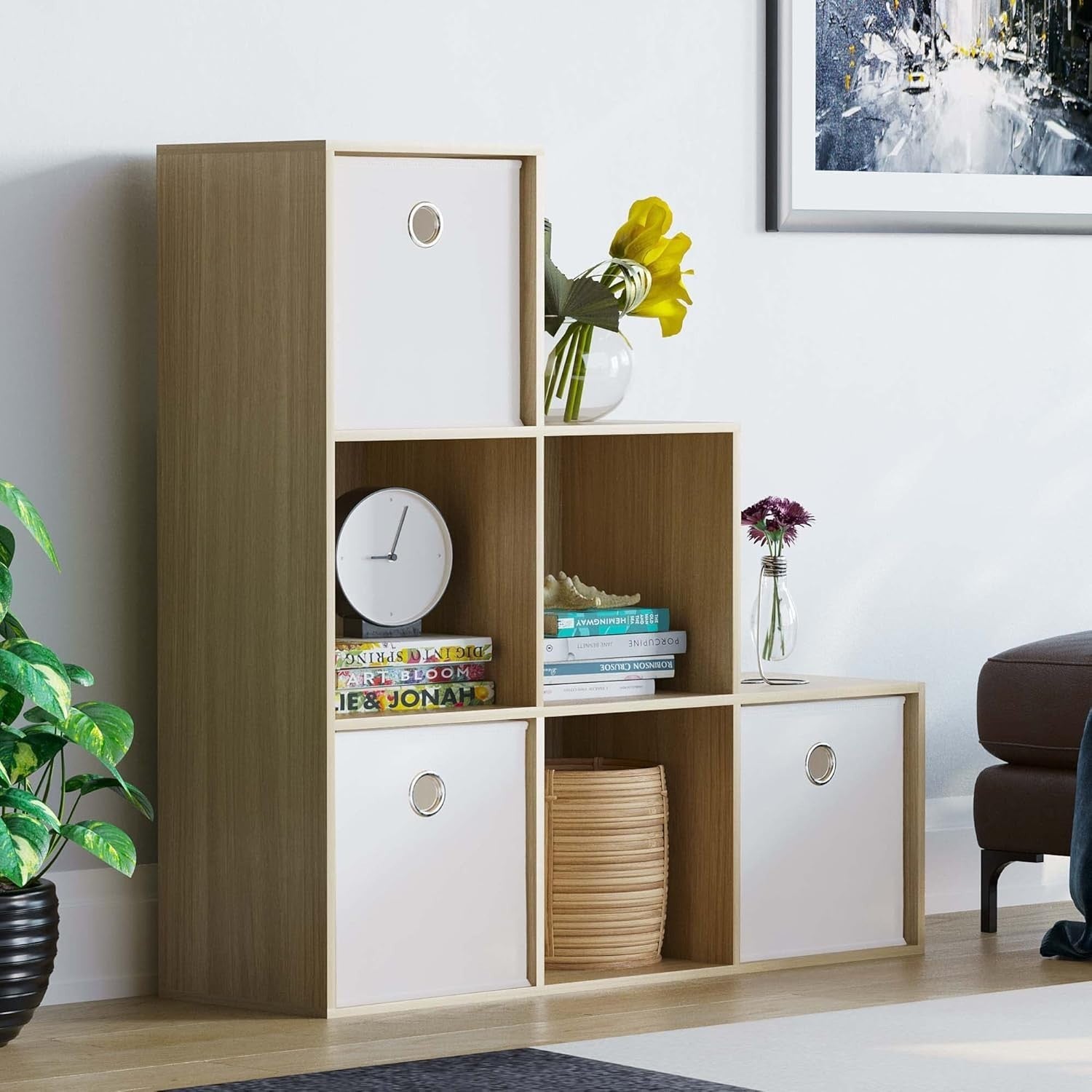 Oak 6 Cube Staircase Storage Shelf with 3 White Baskets – Modern Bookcase Unit