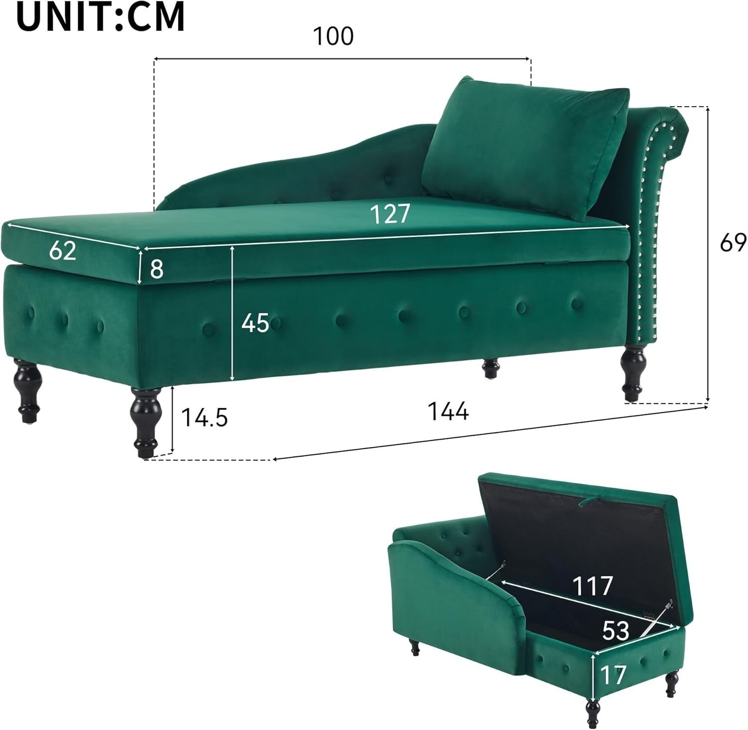 Velvet Chaise Lounge Sofa w/Storage & Pillow Right Armrest Green Tufted