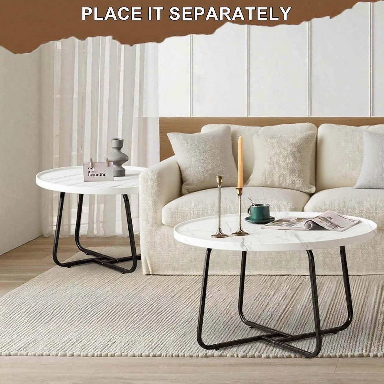 2-Piece Nesting Coffee Table Set Marble Pattern Wood Modern End Side Tables