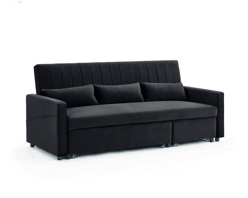3 Seater Black Velvet Sofa Bed w/ Chaise Pull Out Storage & Cushions