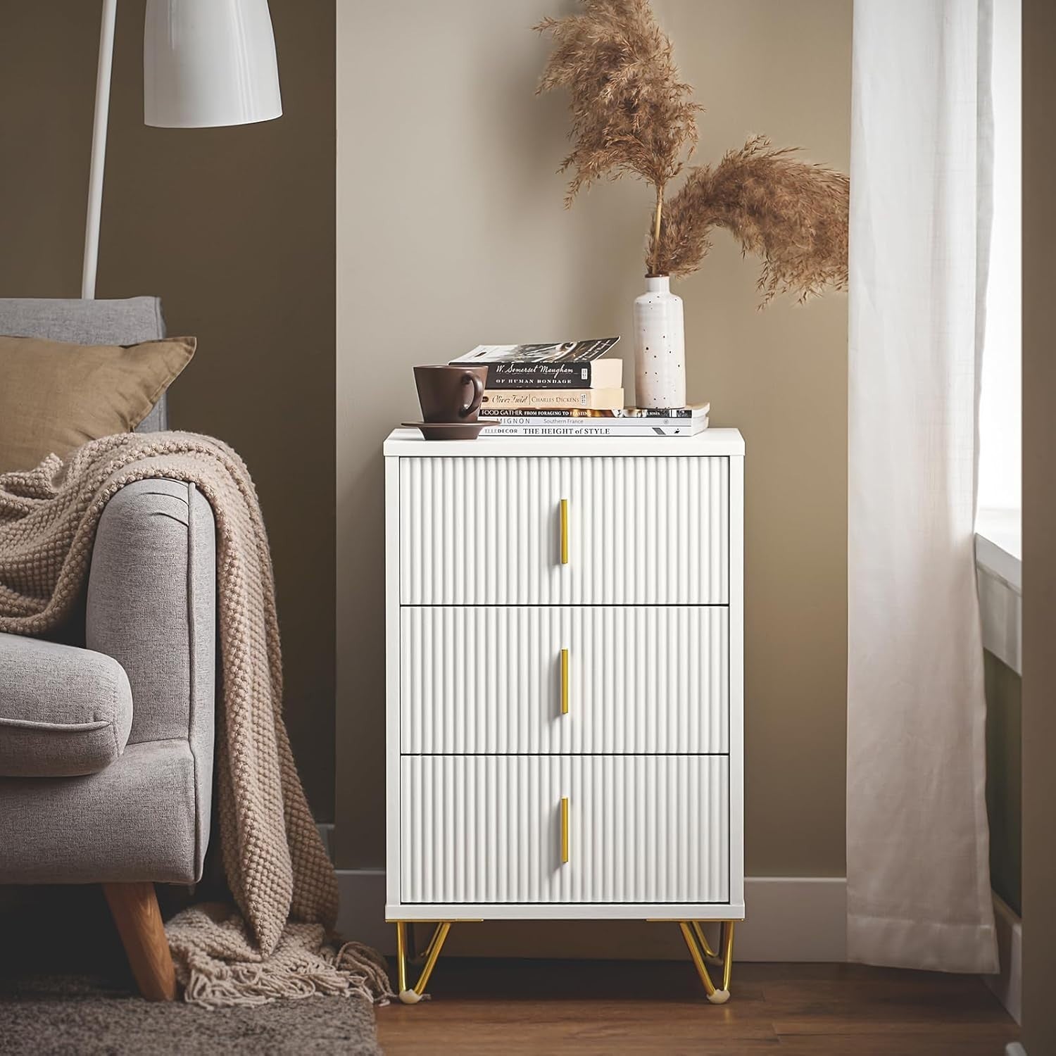 Modern White Bedside Table with 3 Drawers – Gold Legs Bedroom Cabinet