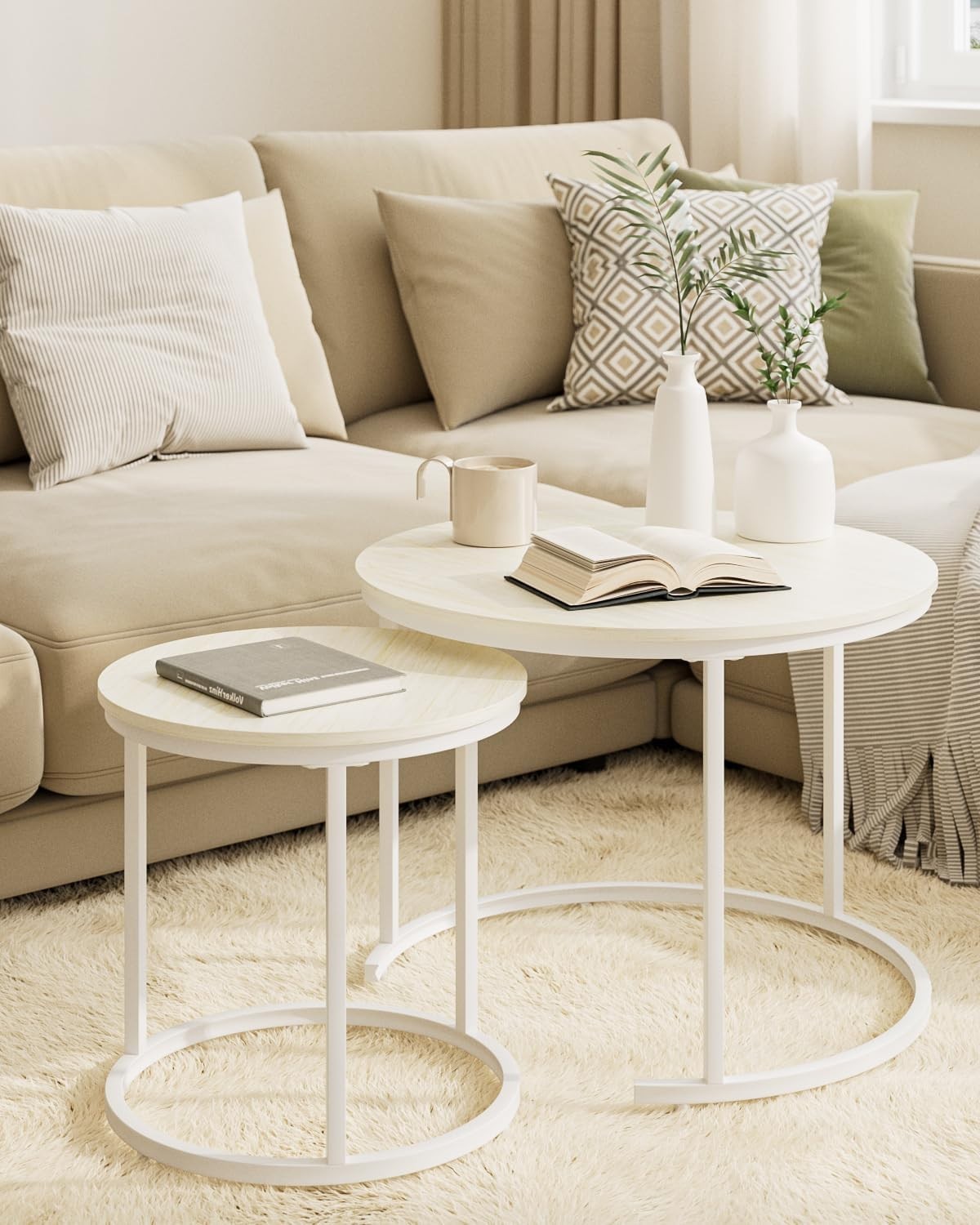 Nest of 2 Coffee Tables Set, Modern Round End Side Sofa Table, Oak/White