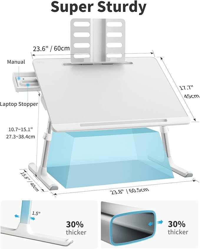Adjustable Laptop Bed Tray Desk XL with Drawer Book Stand Foldable White