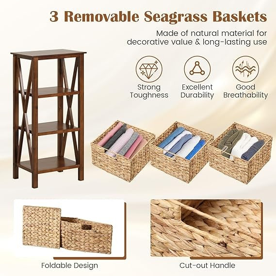 Tall Wooden Bedside Table with 3 Seagrass Baskets | Slim Rustic 3-Tier