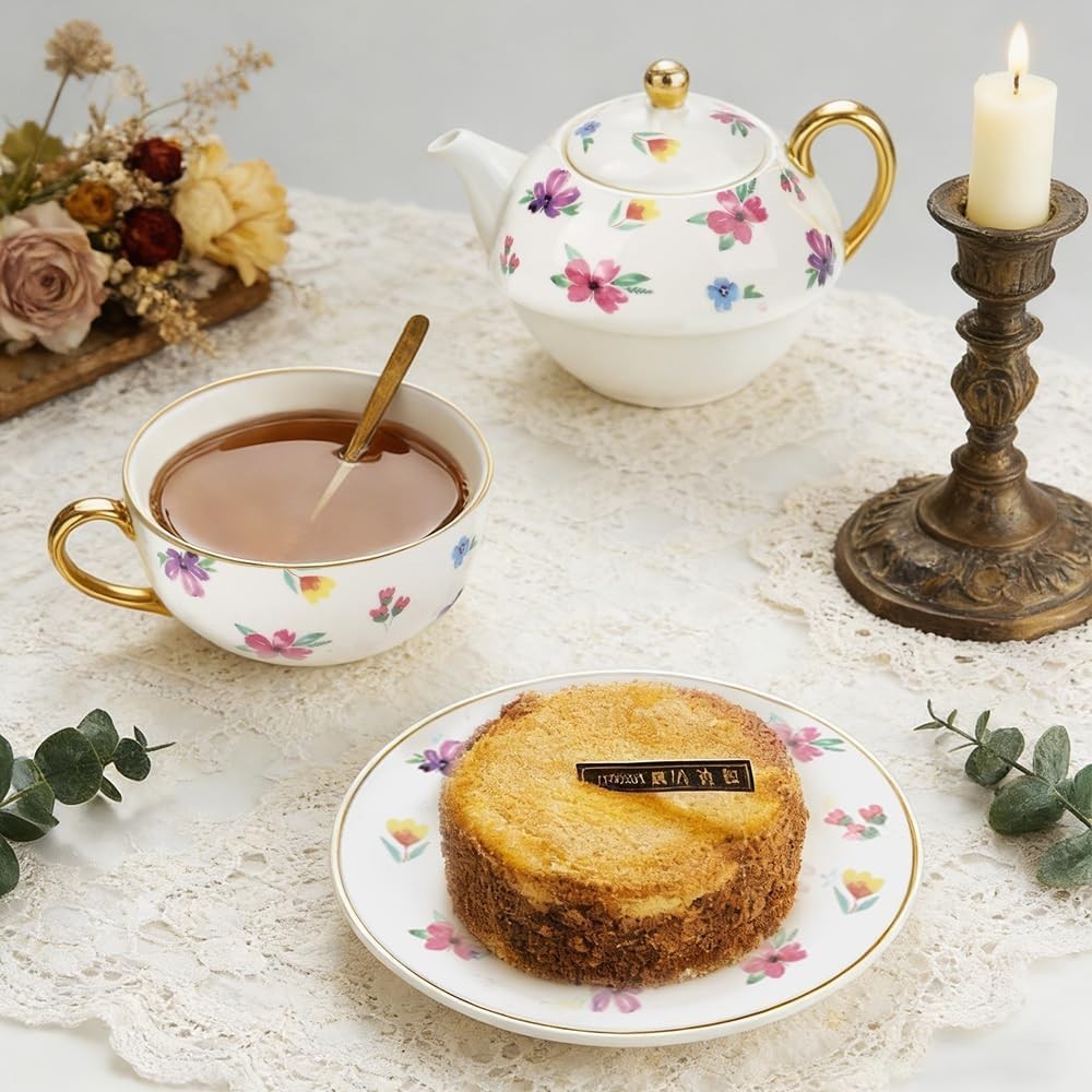 Tea for One Set Floral Teapot Cup Saucer Gold Trim Porcelain Gift Set
