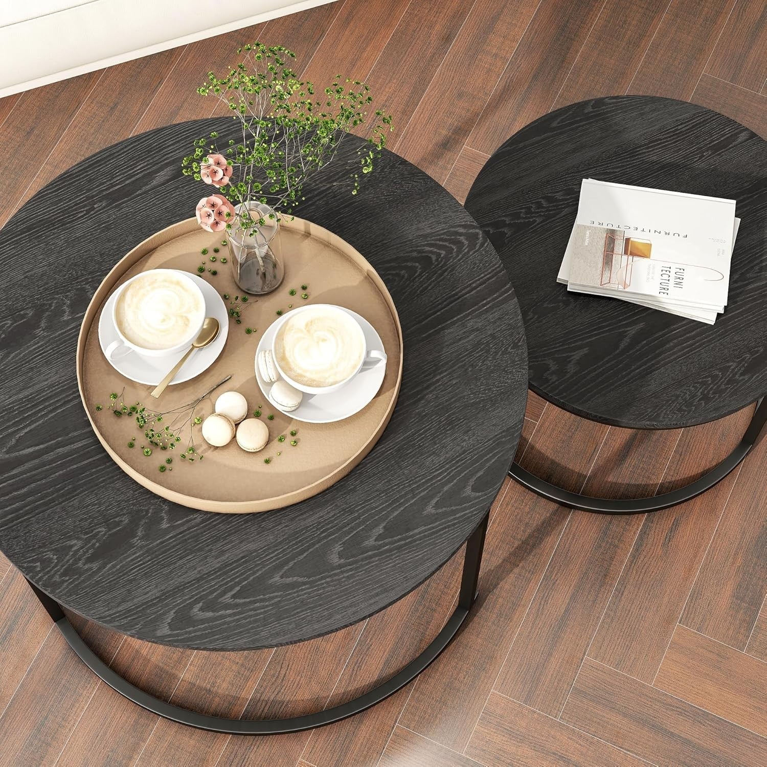 Space-Saving Round Nesting Coffee Table Set of 2, Sturdy Metal Frame (SV)