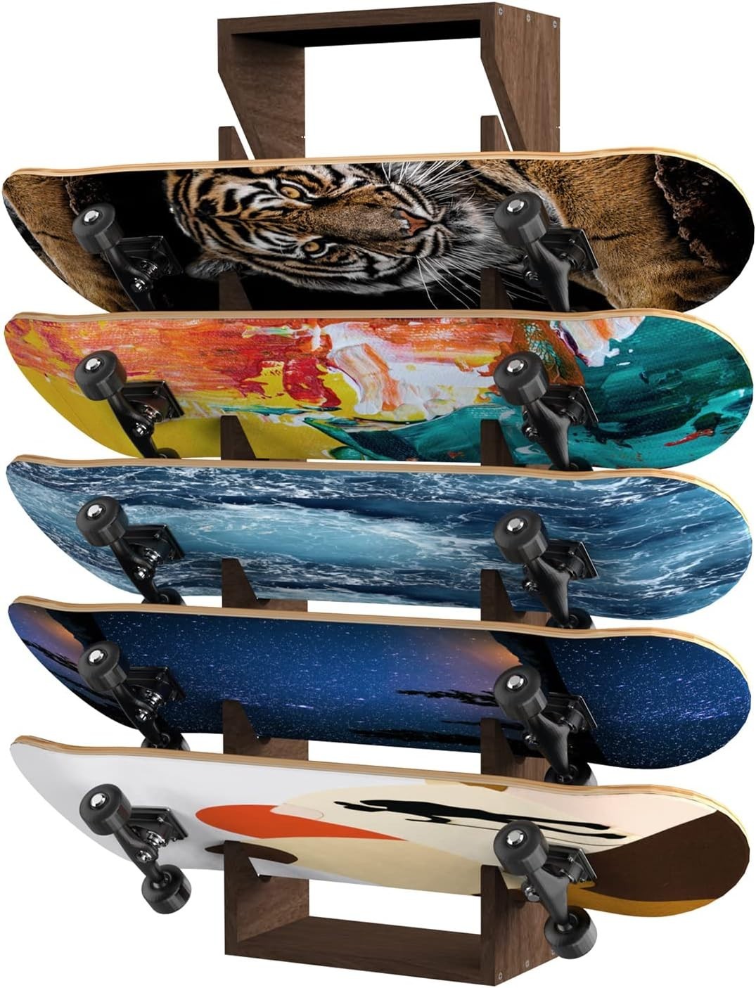 Wall Mount Skateboard Rack Holds 6 Boards Solid Wood Organizer