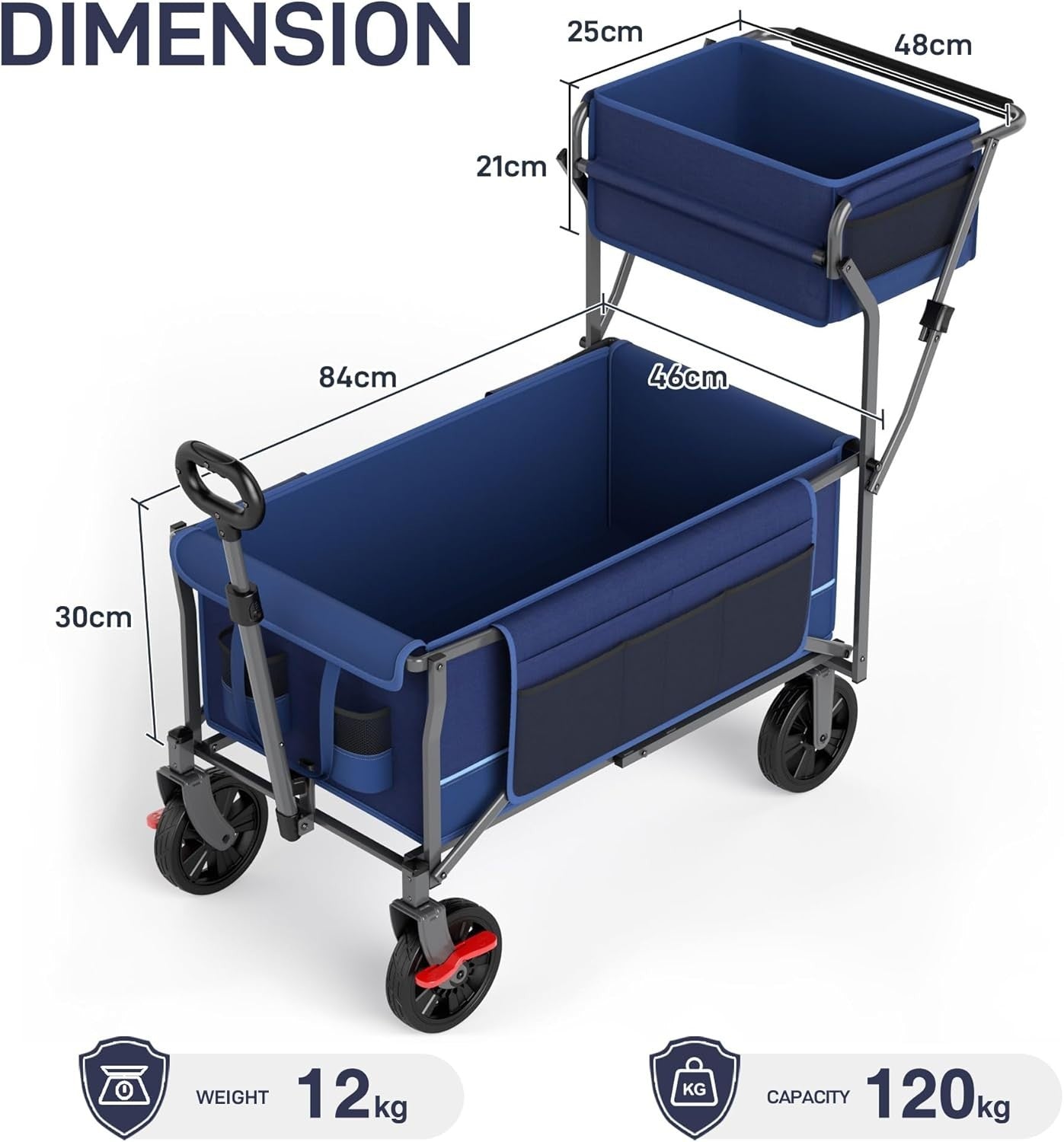 Blue 120kg Folding Camping Wagon Push Pull Trolley w/ Basket & Pockets