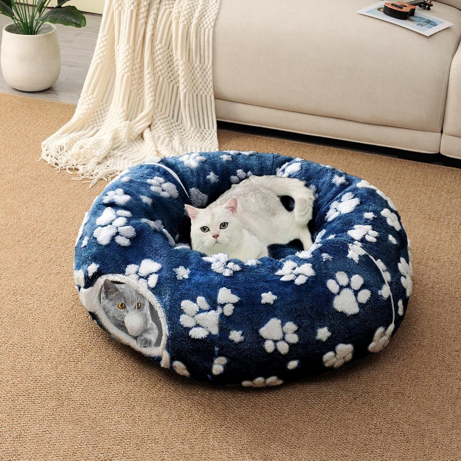 Cat Donut Tunnel Bed Peekaboo Cave w Cushion & Hanging Ball Navy