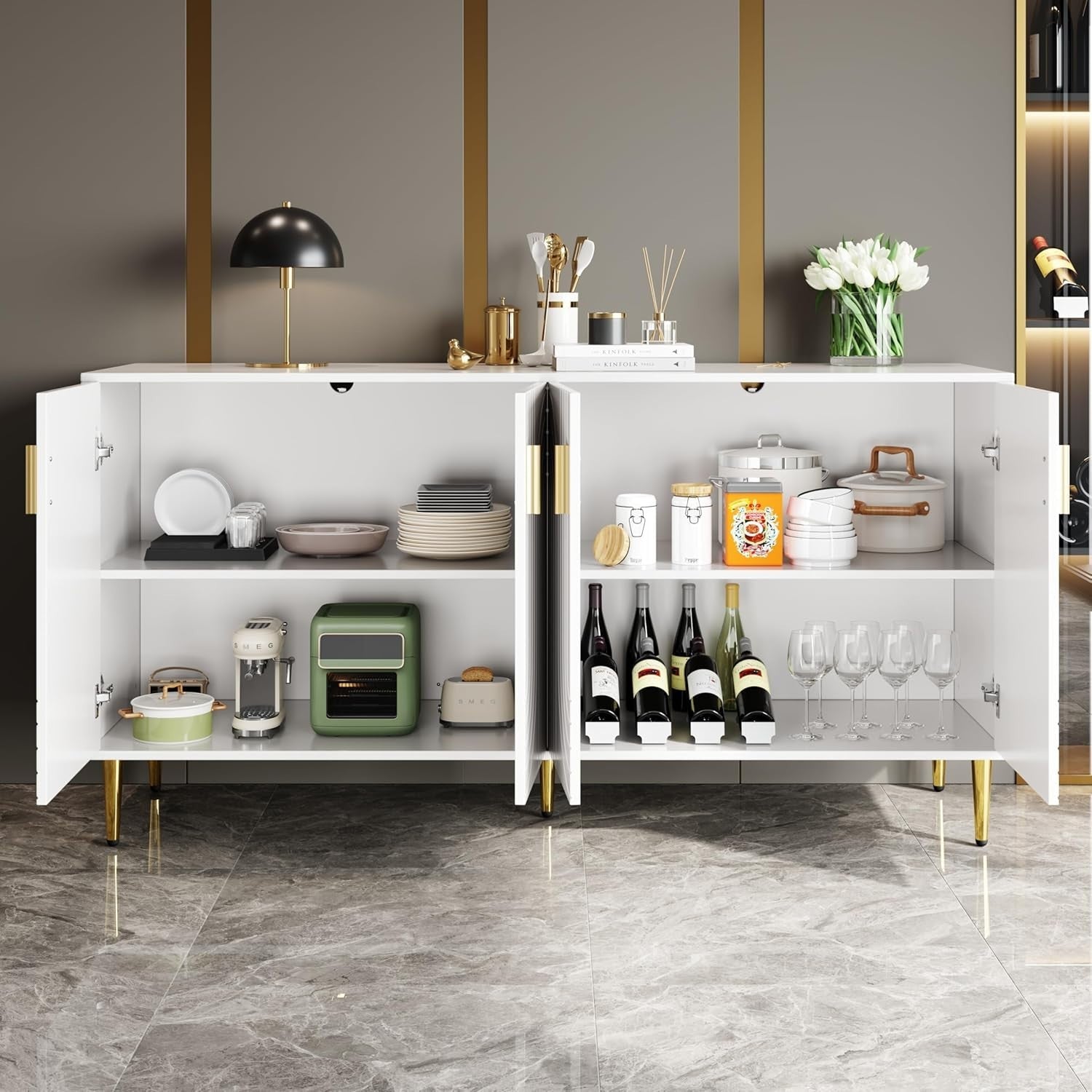 Modern White Sideboard Cabinet Gold Handles Storage Unit for Living Room