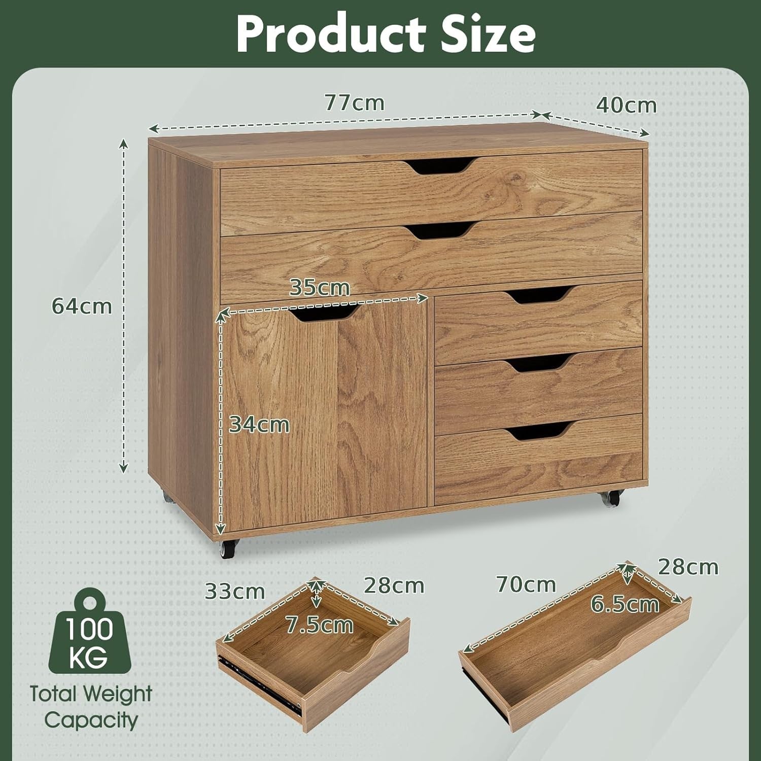 Natural Wood Mobile File Cabinet 77x40x64cm 5 Drawer Printer Stand