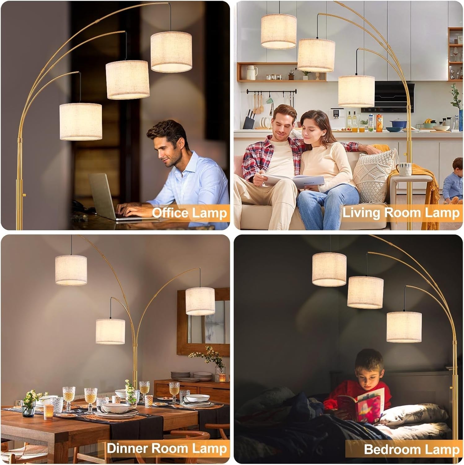 3-Head Gold Arc Floor Lamp Beige Shade Dimmable LED Living Room Light
