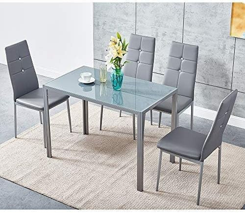 Modern Grey Glass 105x60cm Dining Table Set with 4 Faux Leather Chairs