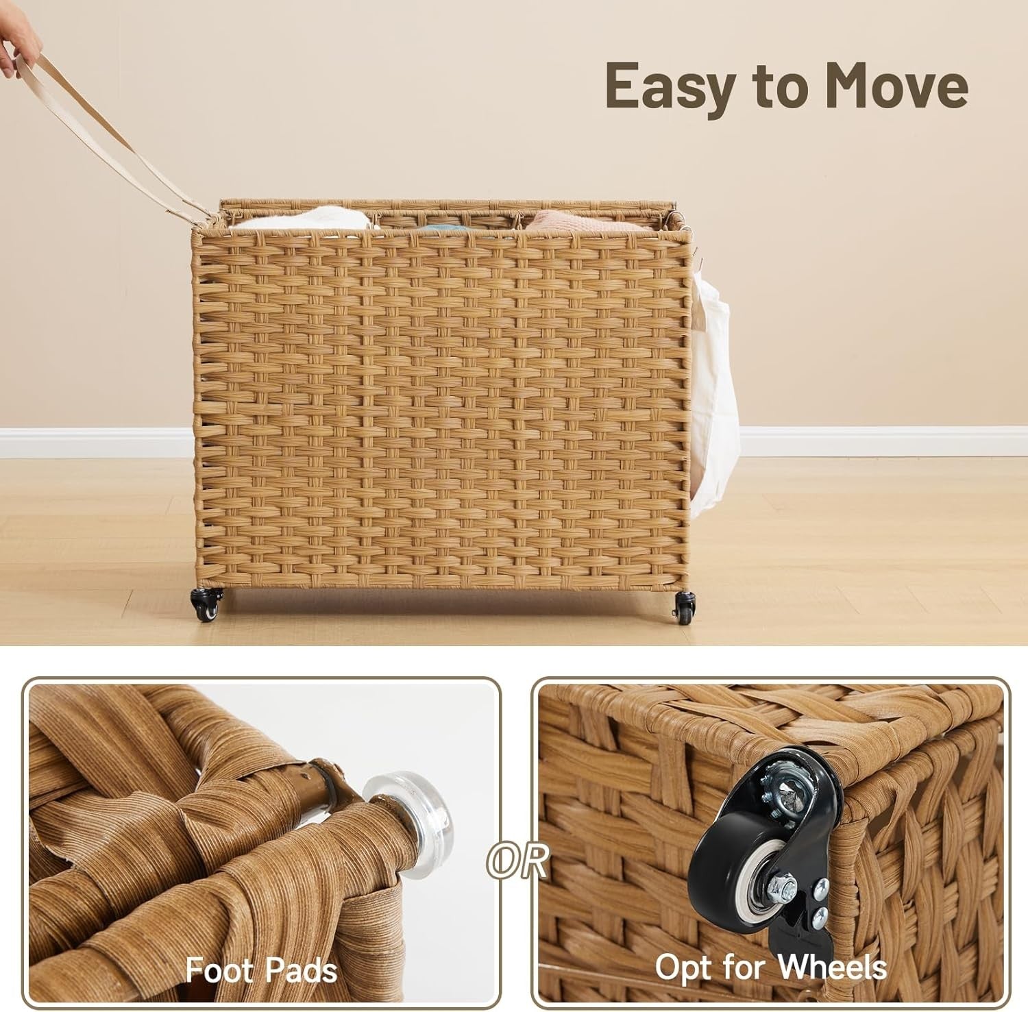 200L Wicker Laundry Hamper on Wheels | 3 Removable Bags & Lid | Large Natural Ba