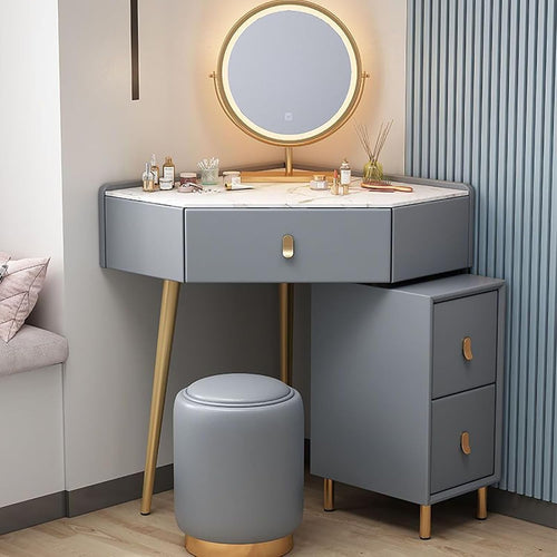 Corner Makeup Vanity Desk Set w/ Lighted Mirror, Solid Wood Dressing Table