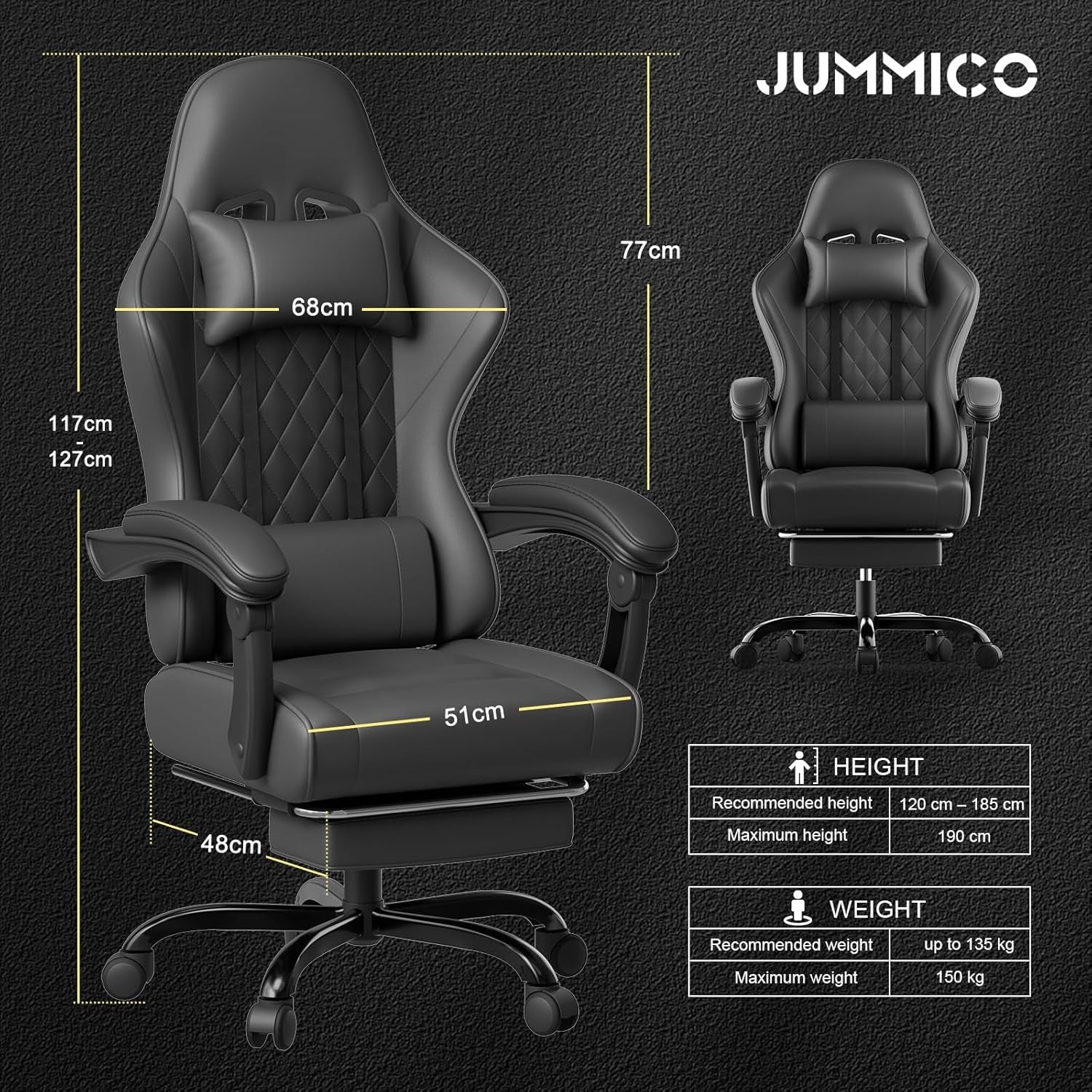 Gaming Chair with Massage Lumbar Recliner Footrest 150kg Black