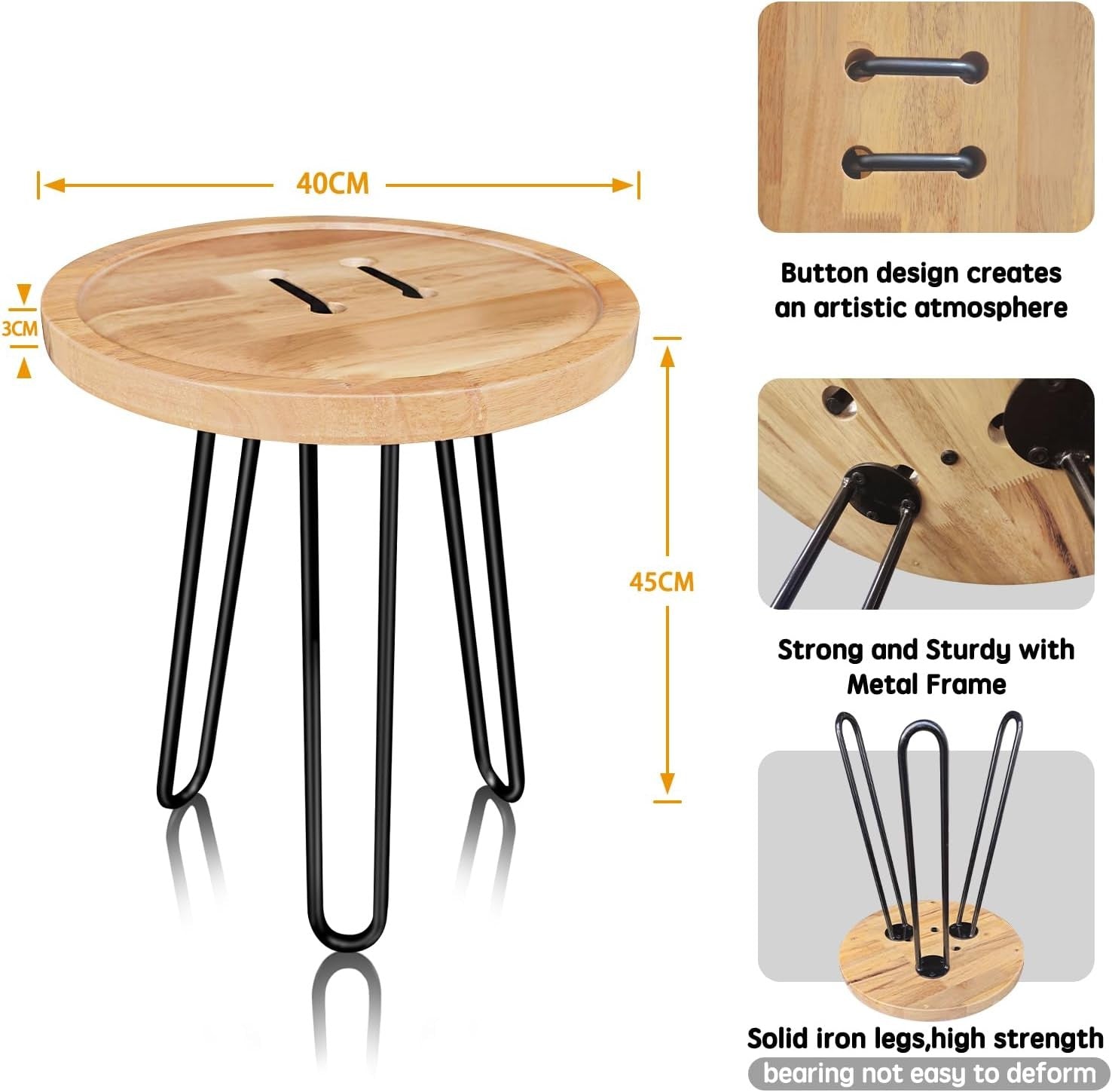 Round Wooden Side Table with Black Metal Legs Small Plant Stand Bedside Stool