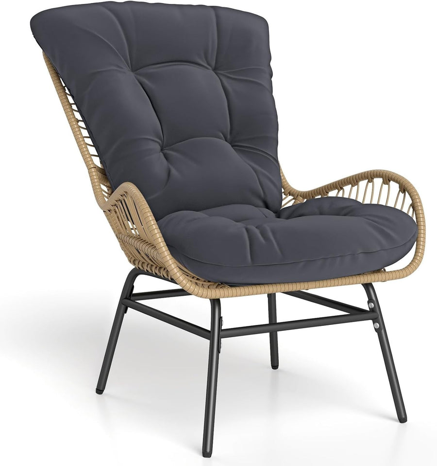 Cushioned Rattan Garden Armchair Lounge Seat Metal Frame Patio Balcony