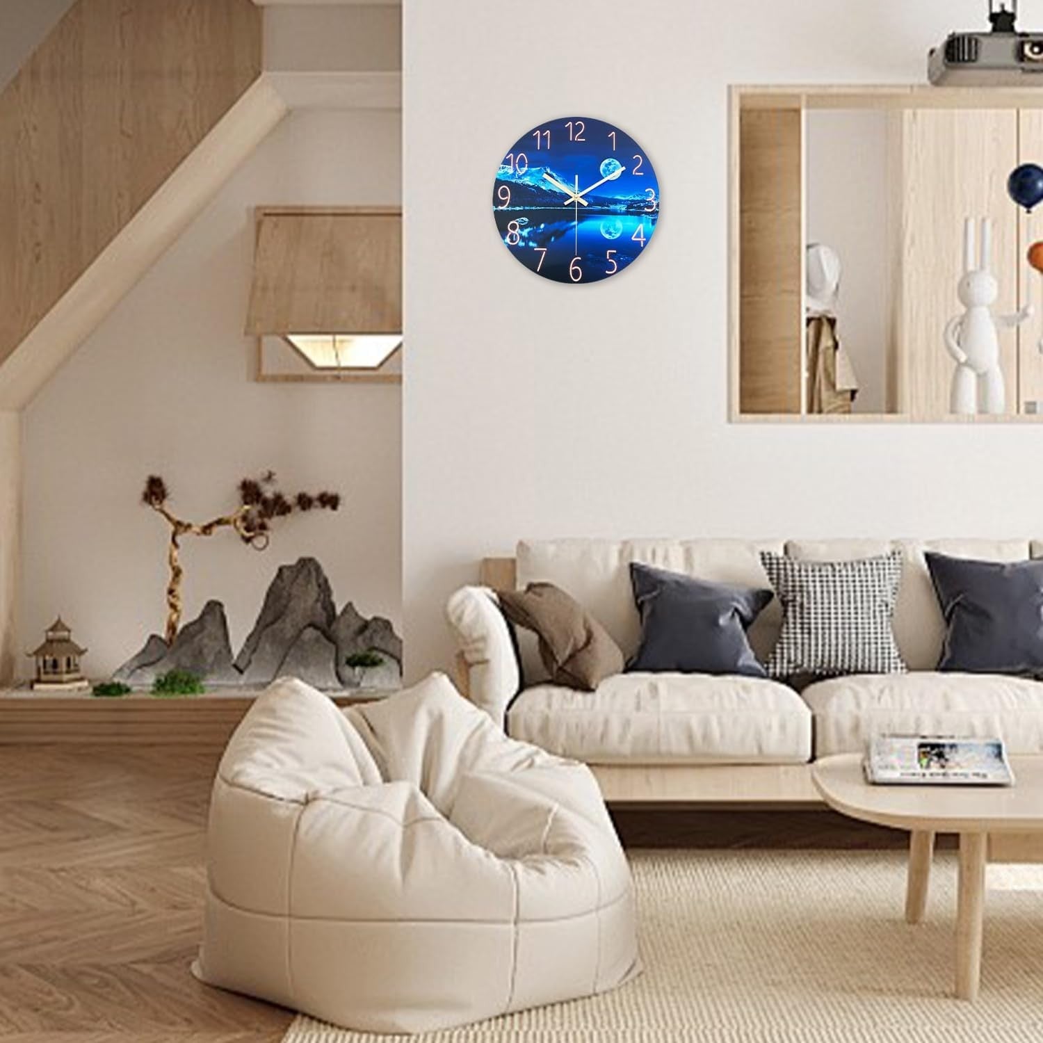 Large 16" Blue Moon Glass Wall Clock Silent Non-Ticking Modern Home Decor