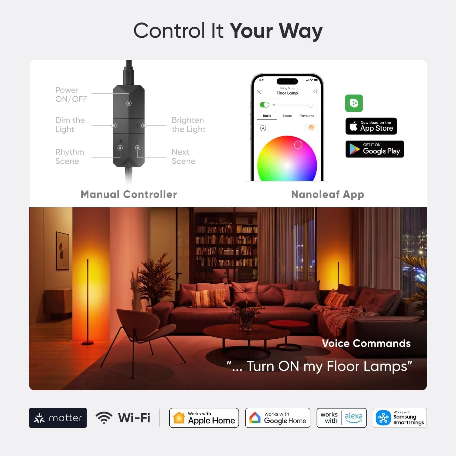 Smart RGBIC Floor Lamp Music Sync App Voice Control LED Corner Light