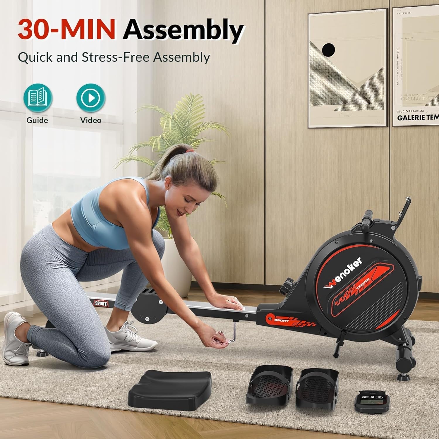 Magnetic Rowing Machine 16-Level Quiet Foldable Rower 350lb Capacity App