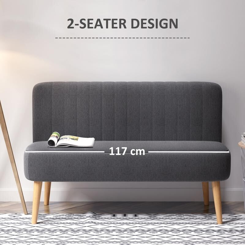 Compact 2 Seater Sofa Dark Grey Linen Padded Seat Wood Legs Small Space