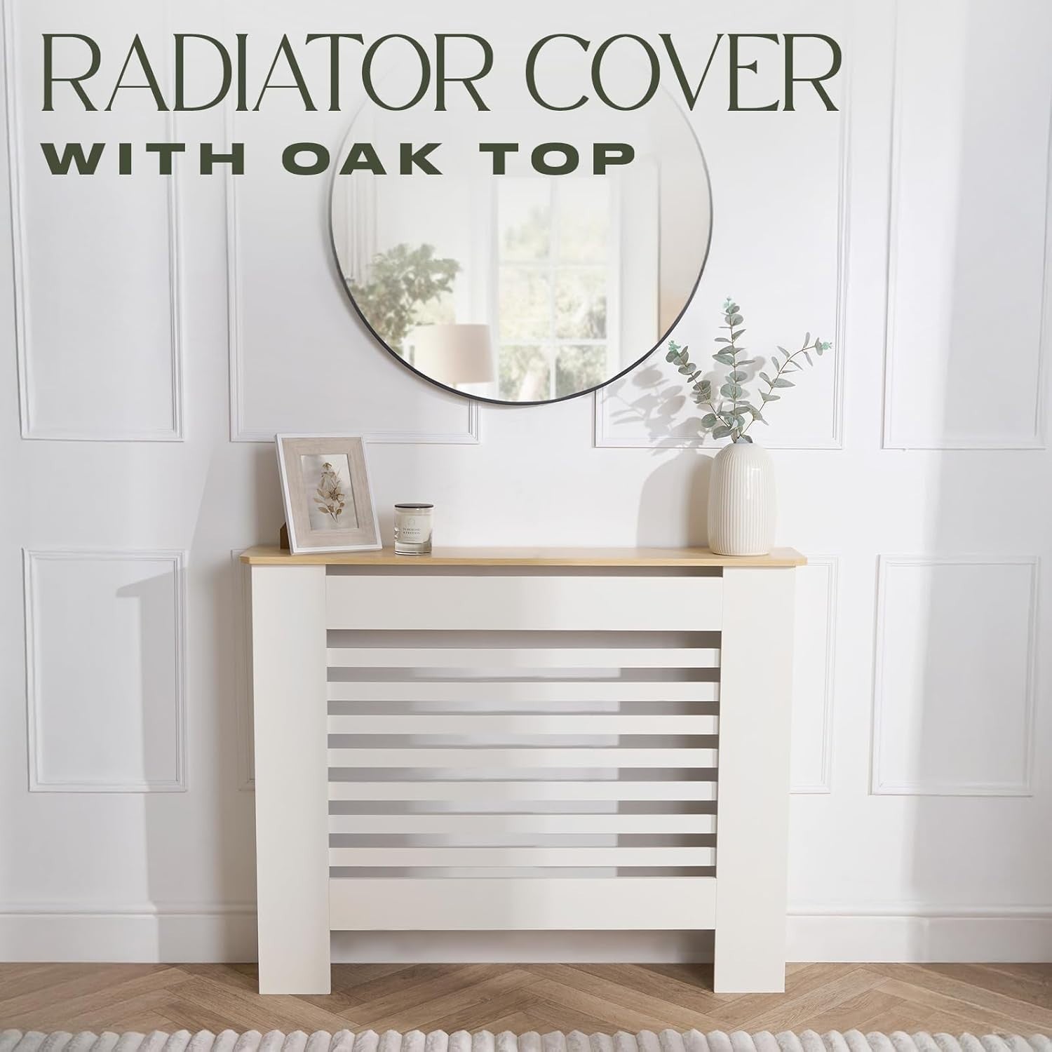 Cream Radiator Cover Medium with Oak Top – MDF Slatted Cabinet