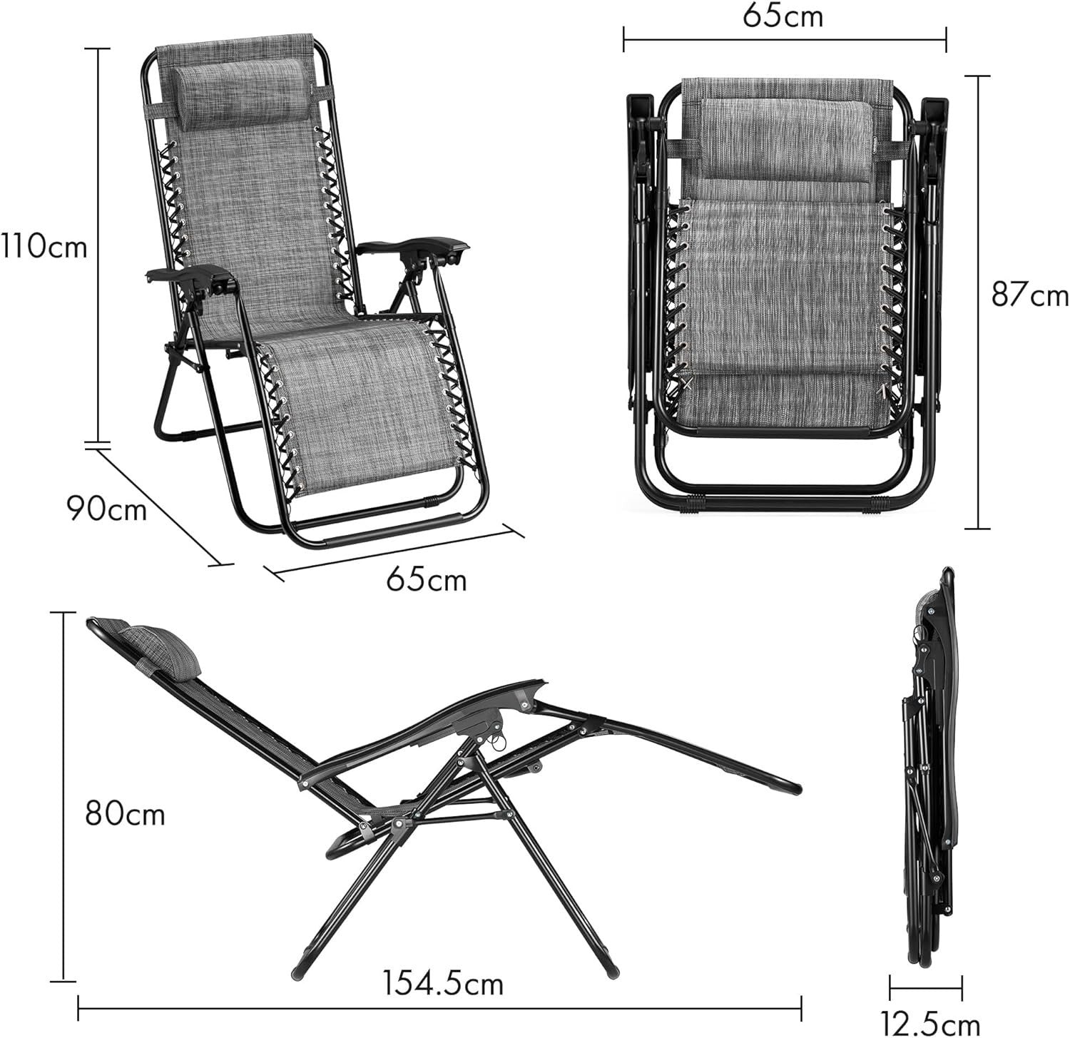 Zero Gravity Reclining Garden Chairs Set - Foldable Outdoor Loungers Grey