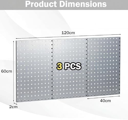 Wall-Mount Pegboard Kit 3PCS 120x60cm Alloy Steel 28 Hooks & Tool Racks