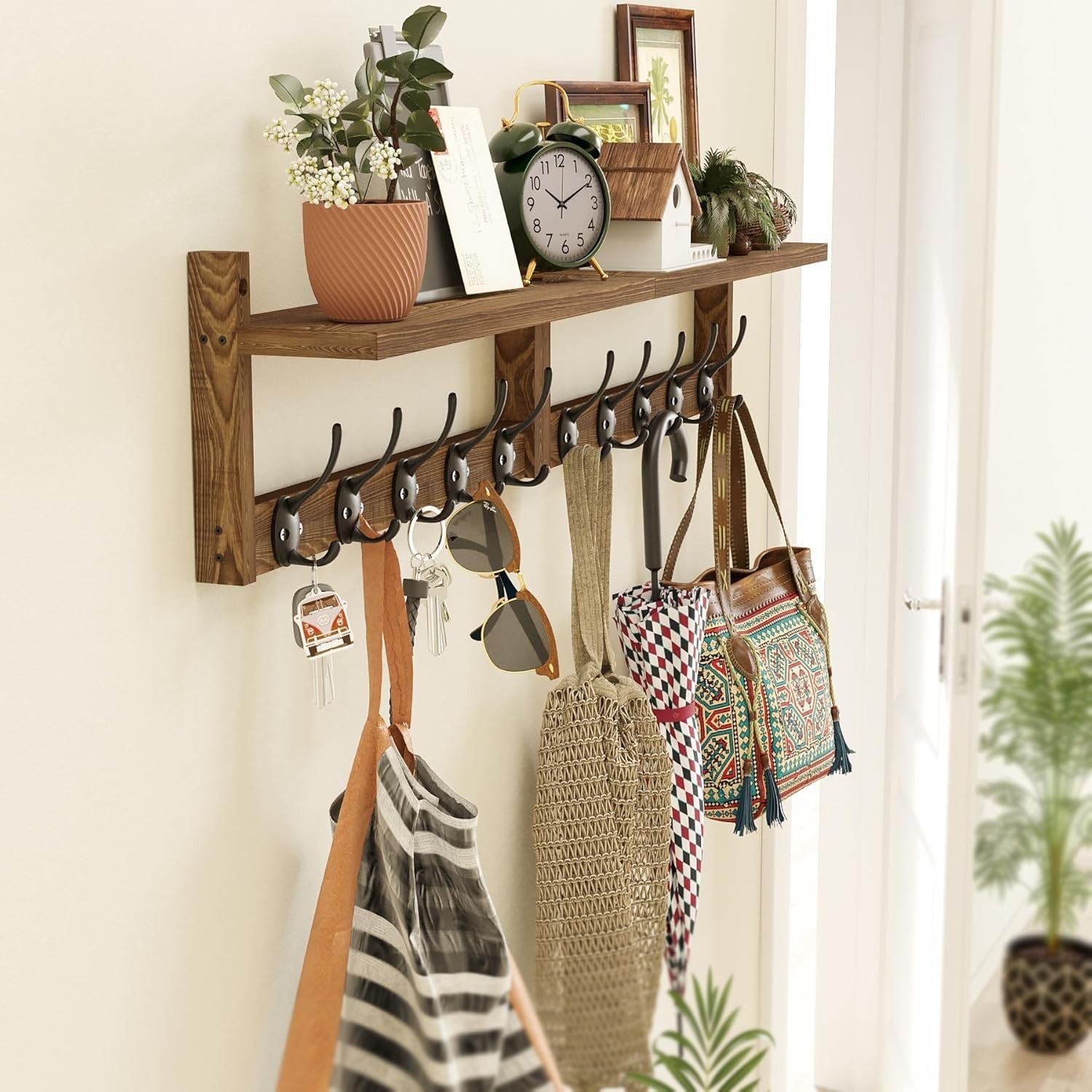 Wooden Wall Hook Rack with Shelf 87cm | 10 Hooks for Coats Hats Bags