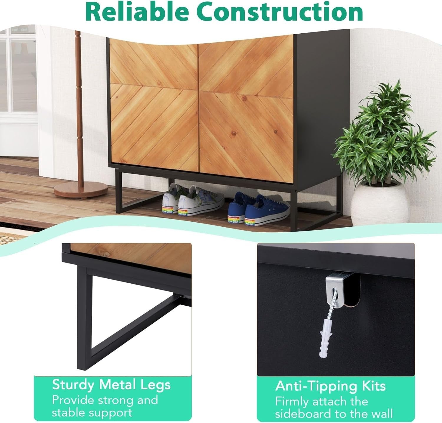 Modern 2 Door Wood Sideboard Cabinet Metal Legs Storage Unit Console