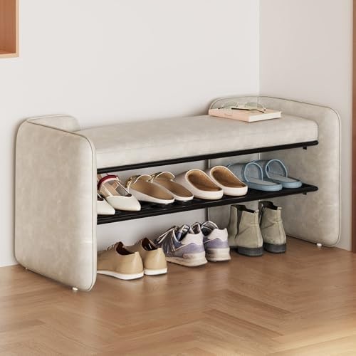 Beige 2-Tier Entryway Shoe Bench with Padded Cushion – 47.24" Modern Storage