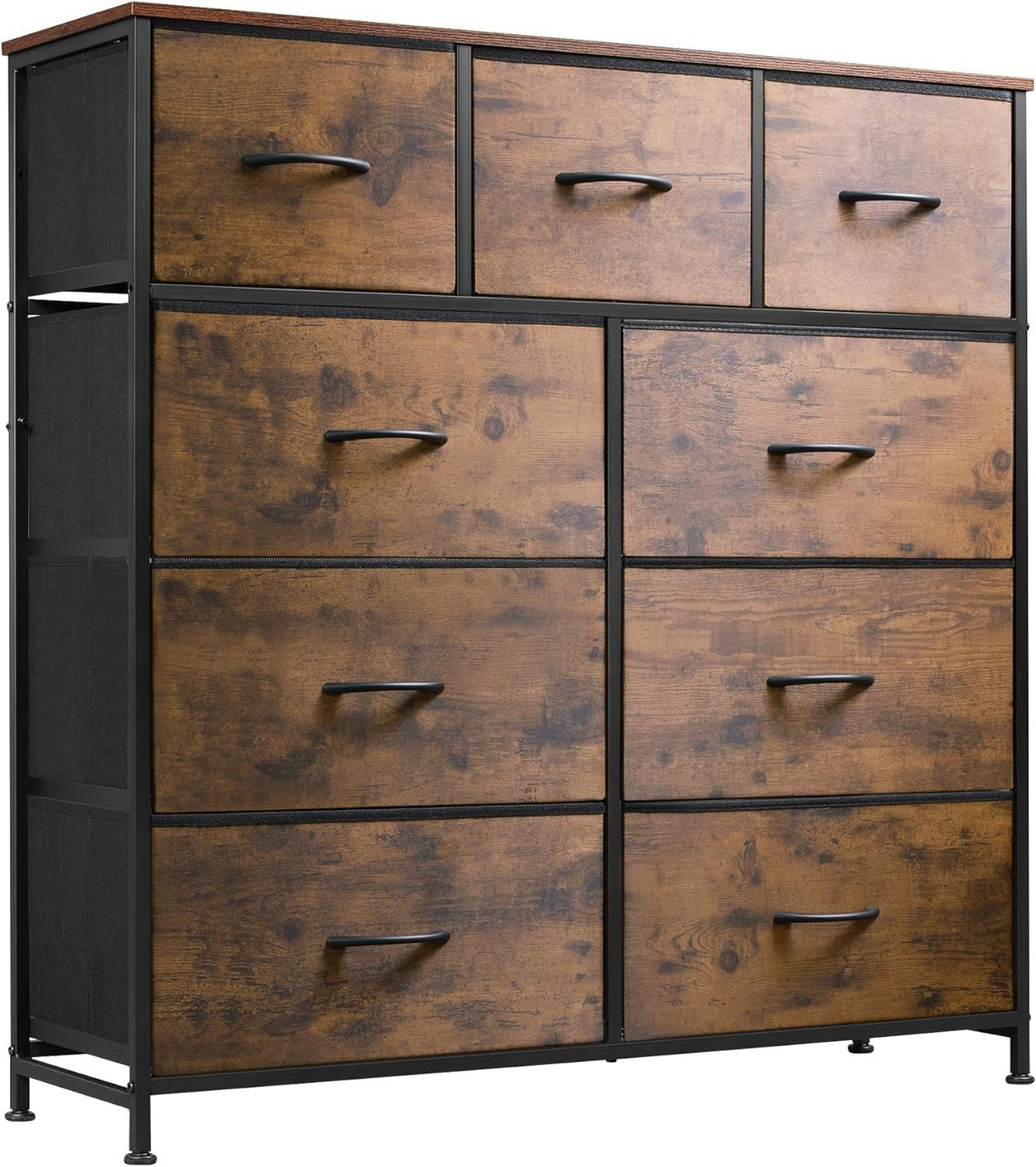 9 Drawer Fabric Storage Chest Wood Top Steel Frame Rustic Brown Organizer