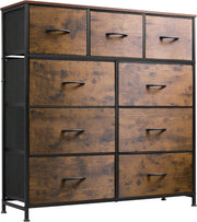 9 Drawer Fabric Storage Chest Wood Top Steel Frame Rustic Brown Organizer