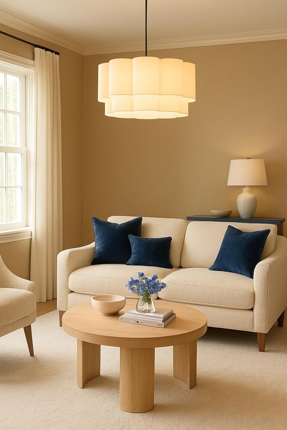 Scalloped Drum Lampshade Neutral Fabric Ceiling Pendant Modern Light