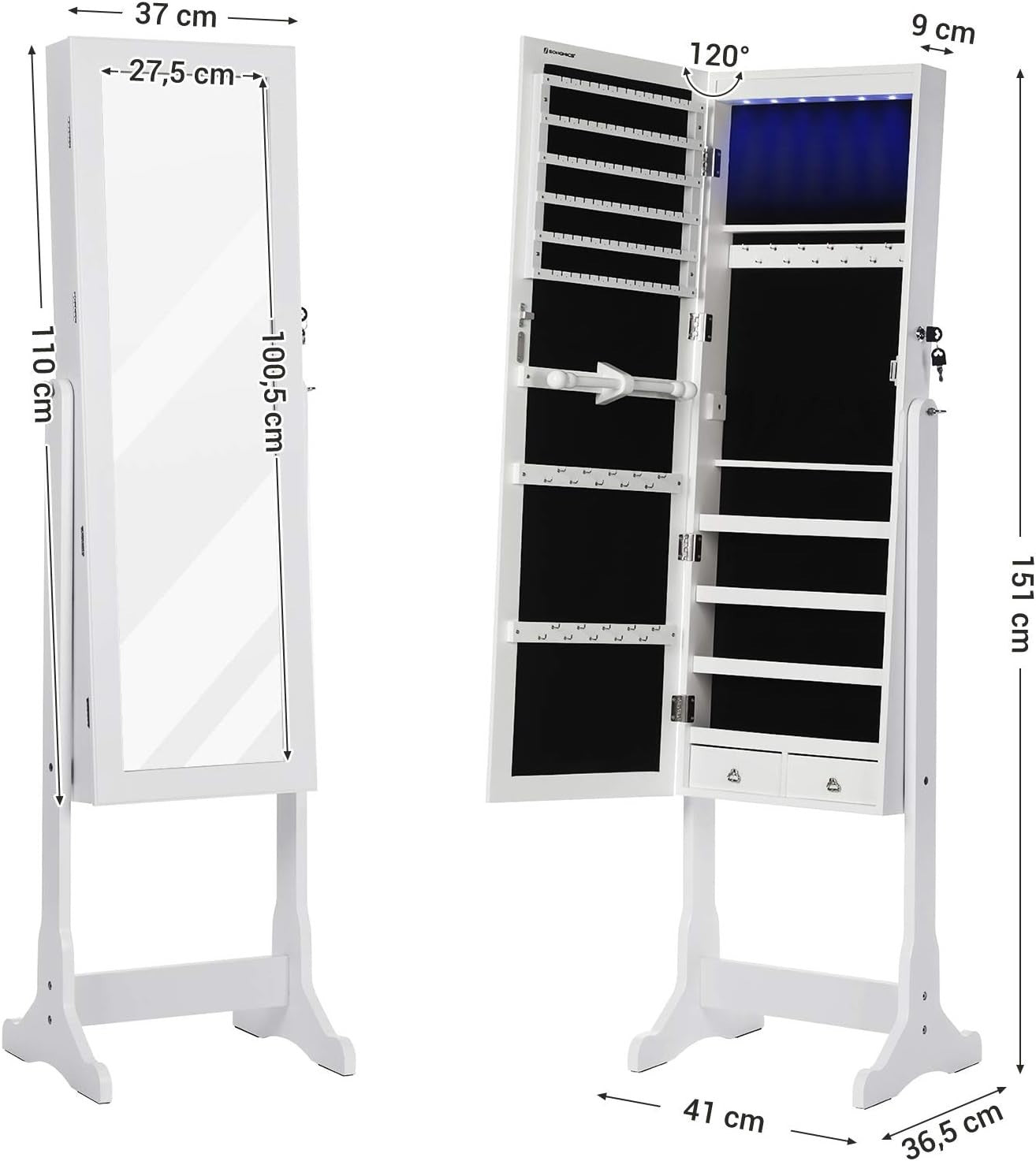 LED Full Length Mirror Jewelry Cabinet Lockable Standing Organizer White